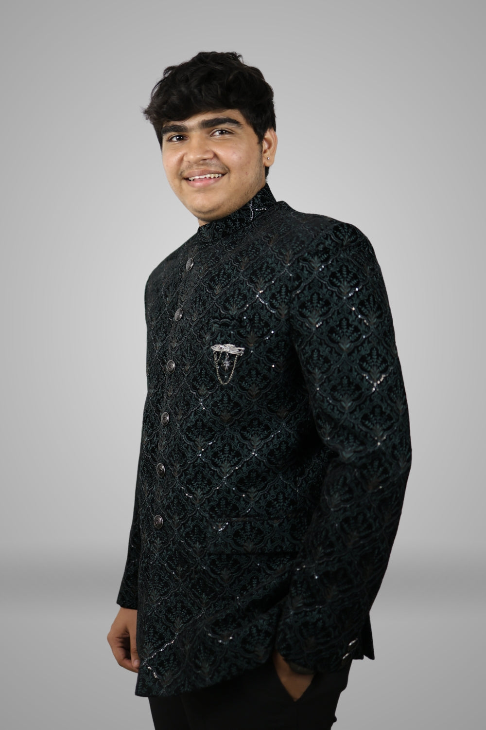 Close-up of Bandh Gala Collar and Velvet Fabric – Jodhpuri Suit