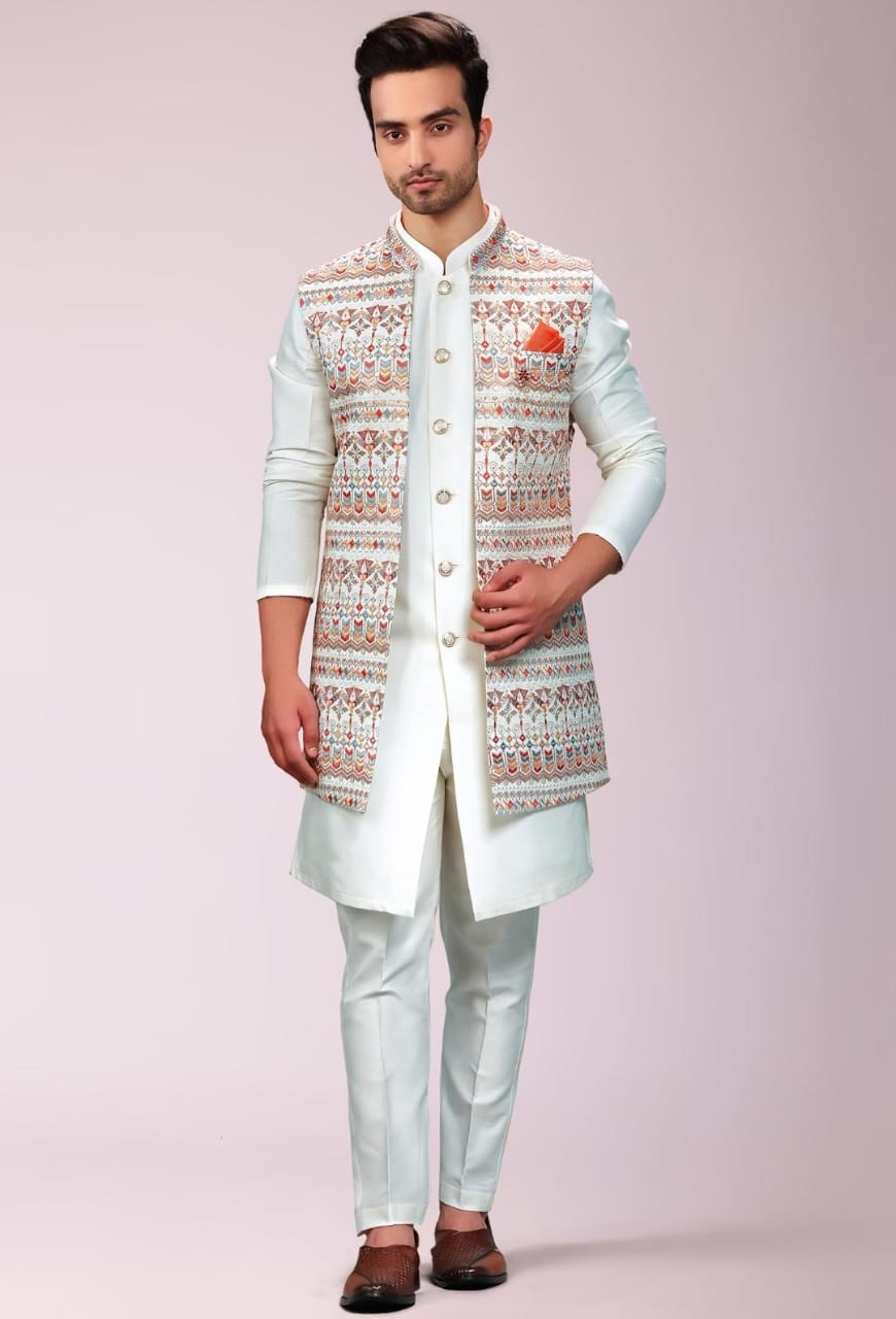 Powder Blue Bandi Jacket Set in Silk with Embroidery