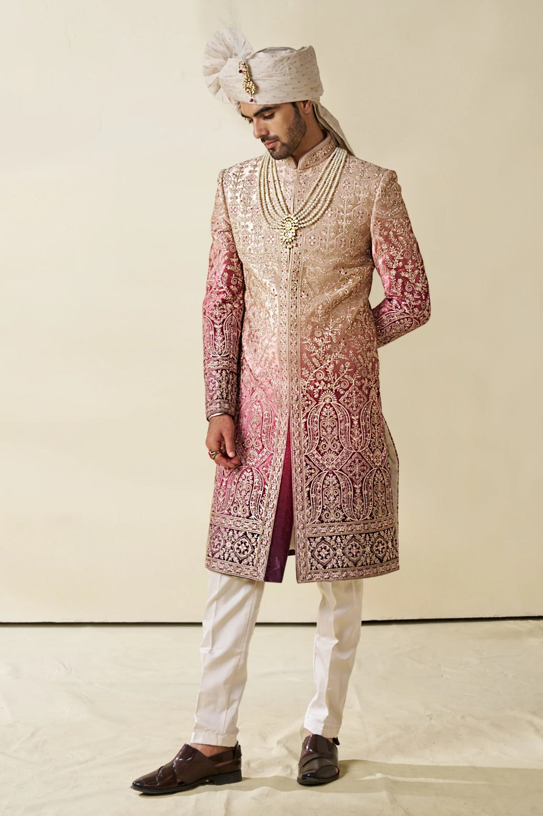 Beige and Pink Silk Sherwani Set