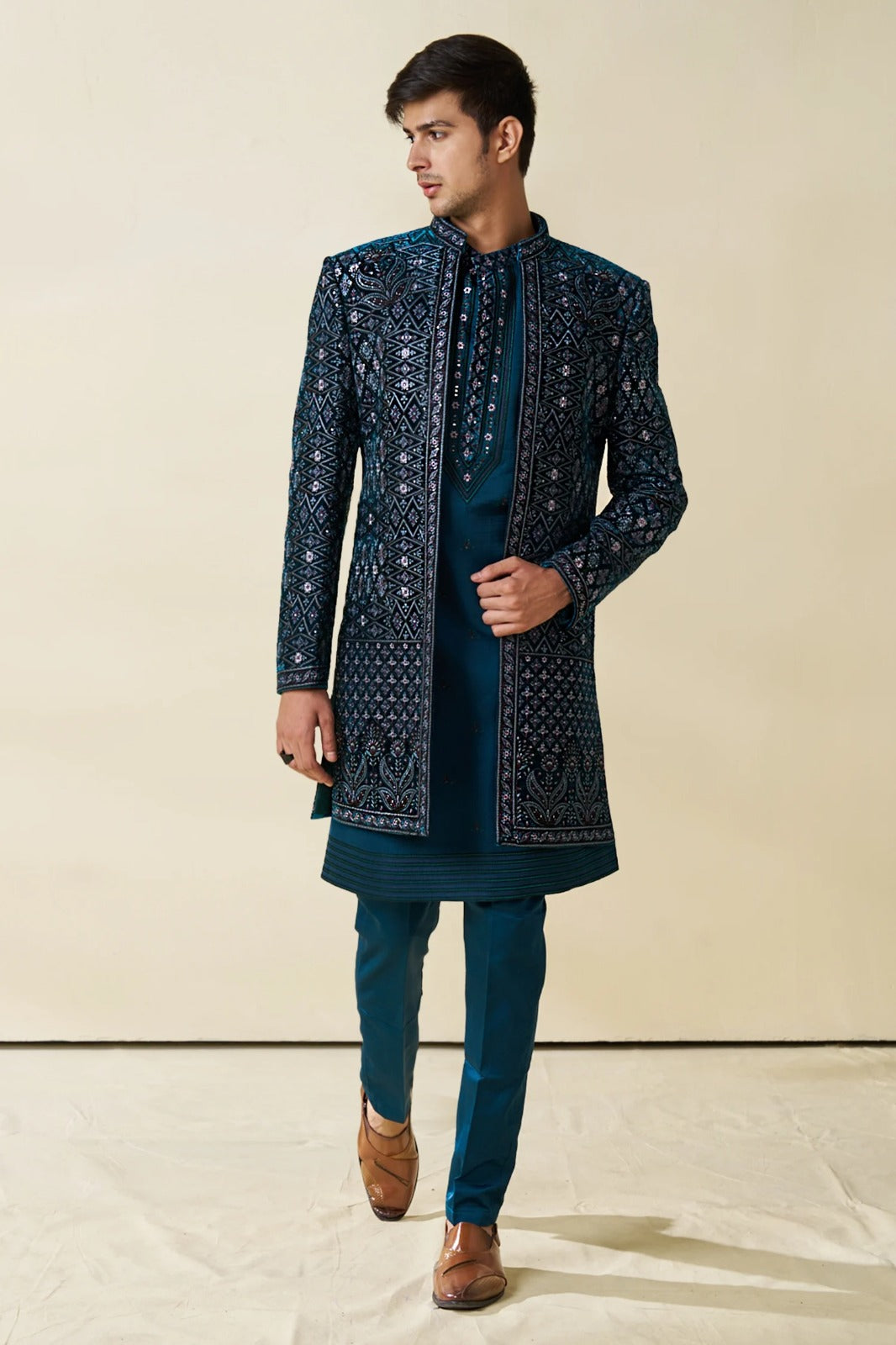 Green Velvet Embroidered Indo Western Set