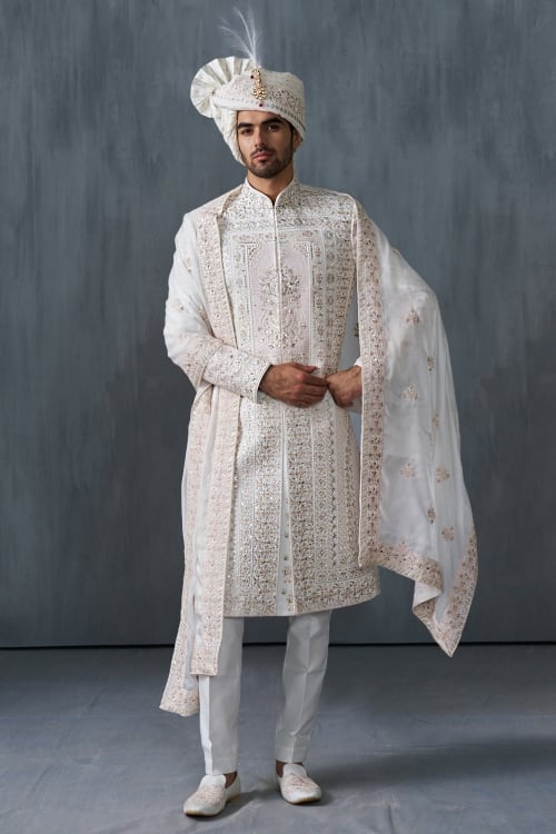 Off White Silk Sequin Embroidered Sherwani Set